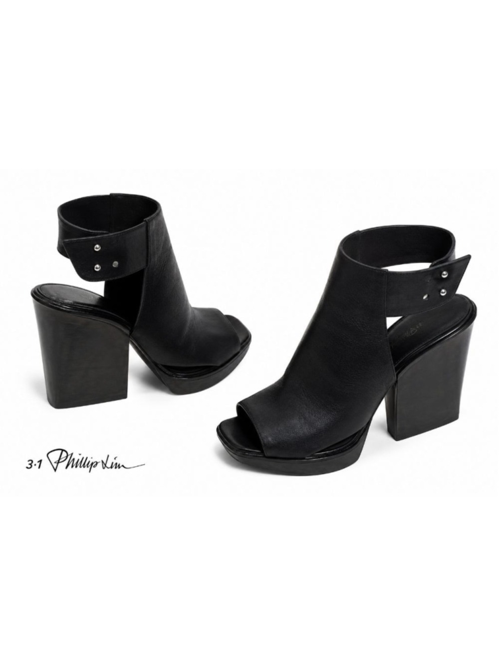 3.1 Phillip Lim Black Leather Peep Toe Platform Heel Booties Size 38